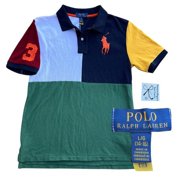 Polo Ralph Lauren Big Pony Patchwork Colorblock Polo Kids Sz L (14/16) - Picture 1 of 5